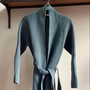 UNIQLO 100% Wool “Spruce” Blue-Green Long Cardigan with Belt, Size M